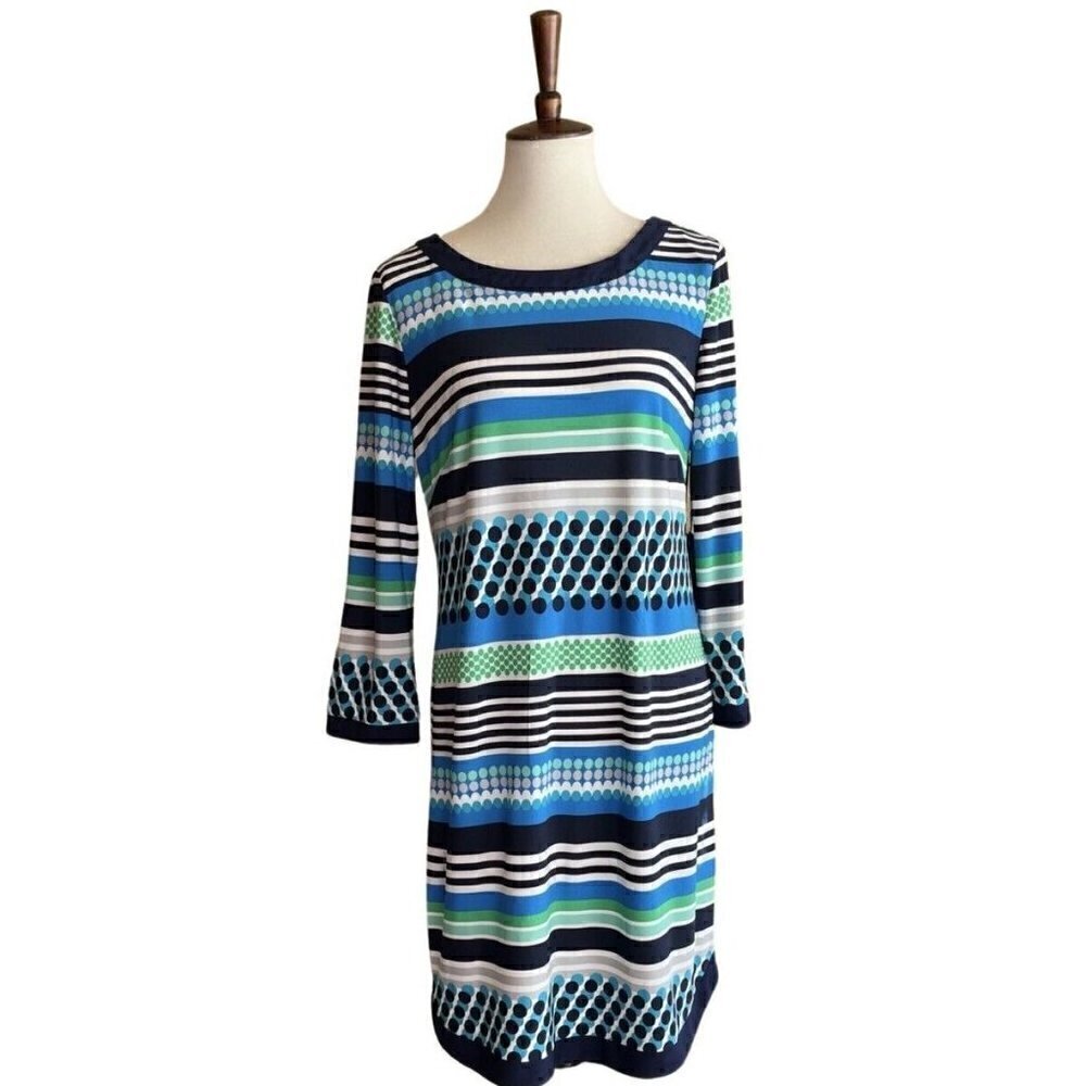 Vince Camuto Womens Blue Jersey Dotted Stripe Crew neck Mini Dress Size 14 - Picture 12 of 16